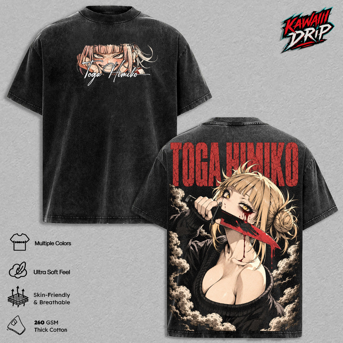 Himiko Toga My Hero Academia Vintage Washed T Shirt Anime Graphic Tee Villain League of Villains Oversized Streetwear Cotton Tshirt Classic Menswear Clothes Apparel Gift for My Hero Academia Fans Men & Women