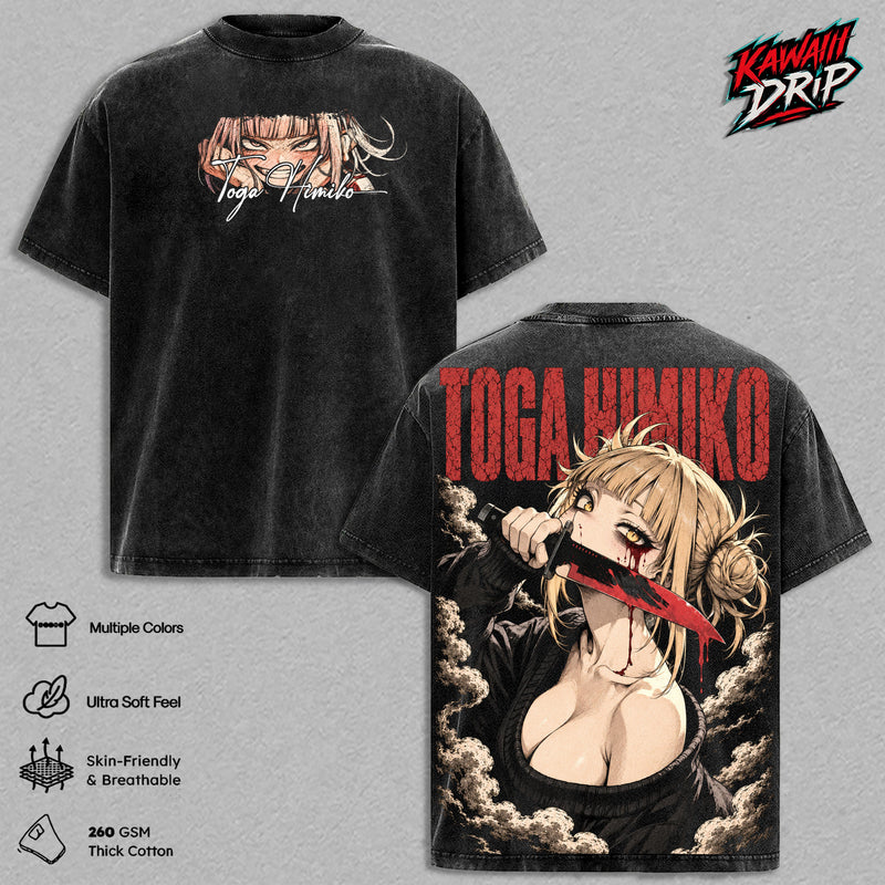Himiko Toga My Hero Academia Vintage Washed T Shirt Anime Graphic Tee Villain League of Villains Oversized Streetwear Cotton Tshirt Classic Menswear Clothes Apparel Gift for My Hero Academia Fans Men & Women