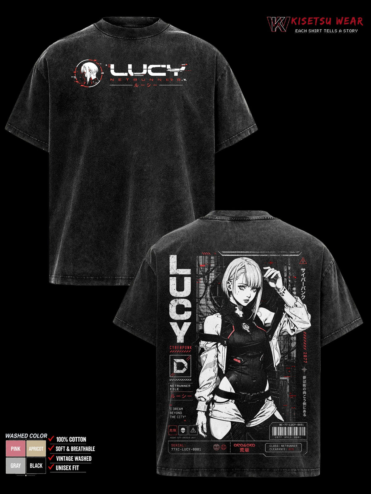 Lucy Kushinada Cyberpunk Edgerunners Shirt, Anime Netrunner Graphic Tee, Oversized Washed T Shirt, Cyberpunk Streetwear