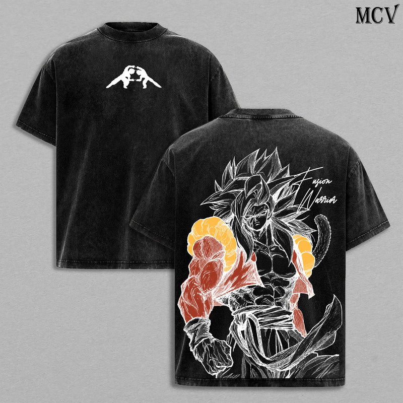 Gogeta Tshirt washed – Fusion Warrior DBZ SSJ4 Gogeta Anime Manga Fusion Warrior Graphic Double Printed T-Shirt, Menswear Heavy Cotton Unisex Oversize Streetwear Vintage Edition