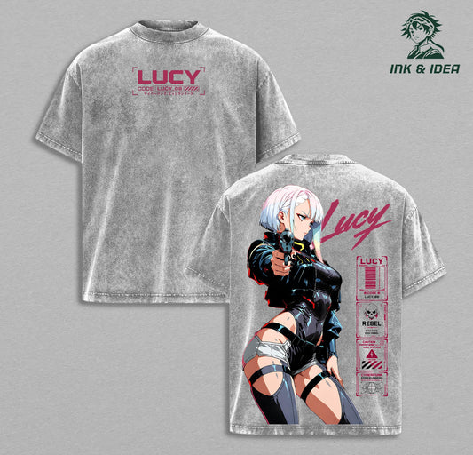 Lucy Cyberpunk Edgerunners Vintage Washed Anime Tee Neon Night City Graphic Shirt Futuristic Cyber Warrior Oversized Heavyweight Cotton T-Shirt Anime Streetwear Unisex Apparel Gift for Cyberpunk Fans Sci Fi Gamers and Edgerunners Collectors