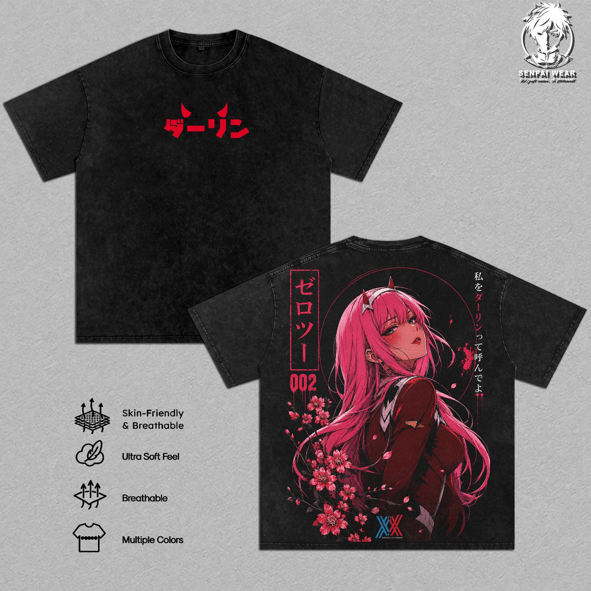 Zero Two – Darling in the Franxx Oversize Anime Graphic Tee, Acid Washed Heavy Cotton Shirt, Vintage Manga Streetwear, Unisex Casual Wear, Anime Merch, Gift for Anime Fans