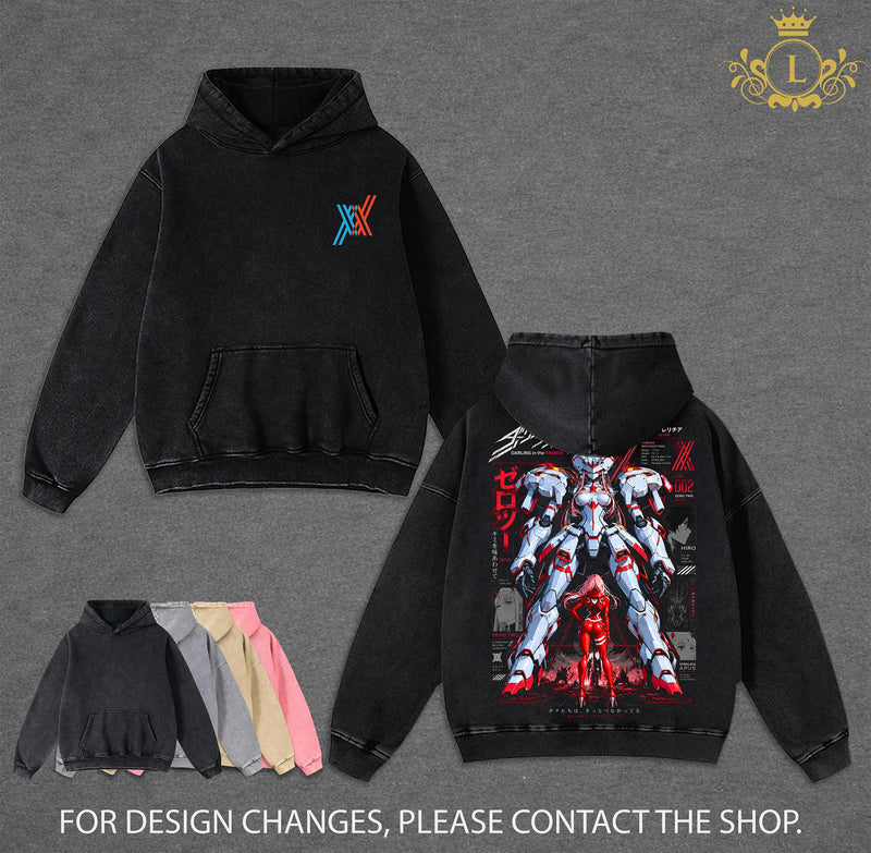 Limited Darling in the Franxx Zero Two Washed T-Shirt, Strelizia Mecha Anime Graphic Tee, Hiro and Zero Two Vintage Acid Wash Oversized Shirt, Double Sided Print, Japanese Anime Streetwear, Unisex Cotton Tee, Gift for Anime Fans