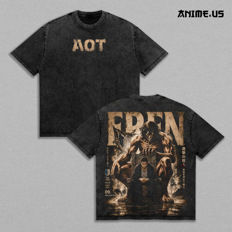 Eren Yeager Attack Titan Final Battle Attack on Titan Anime Graphic Tee Vintage Washed Oversized T-Shirt Titan Manga Art Heavyweight Cotton Streetwear Back Print Shirt