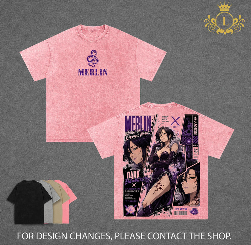 Merlin - Seven Deadly Sins Anime Double Printed Vintage Washed Tee Unisex Oversize Anime Manga Washed Heavyweight Cotton T-shirt