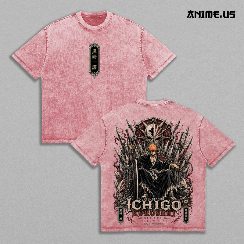 Ichigo Kurosaki Bleach Vintage Acid Wash Anime Graphic Tee, Hollow King Soul Reaper Protector Energy Inner Power Large Back Print Unisex Cotton Streetwear