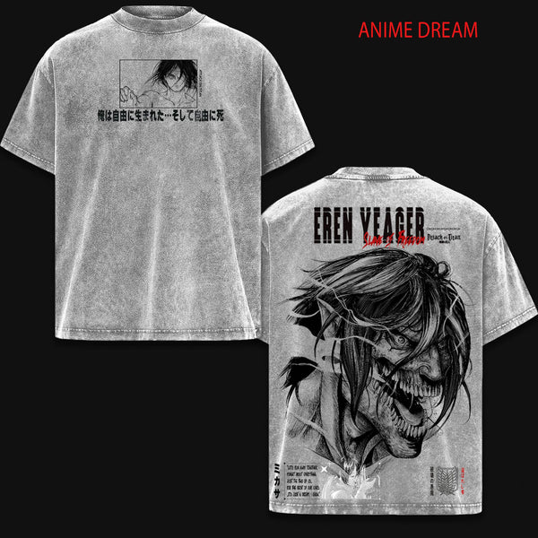 Eren Yeager ATTACK ON TITAN Anime Double Printed Vintage Washed Tee Unisex Oversize Anime Manga Washed Heavyweight Cotton T-shirt