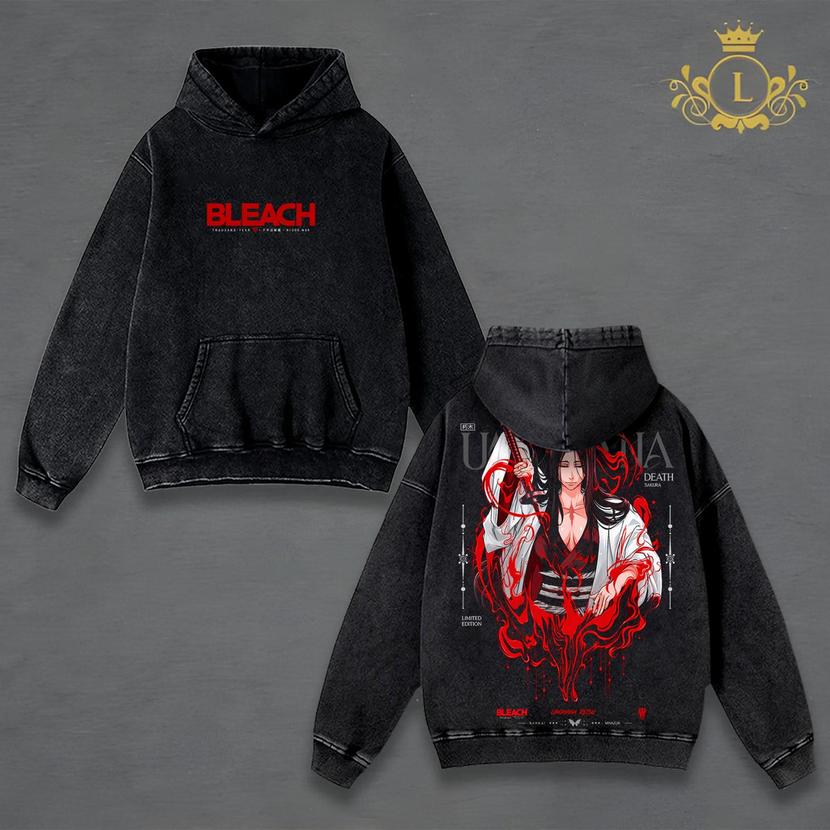 Unohana Retsu Bleach Vintage Washed T-Shirt Hoodie, Minazuki Bankai Anime Graphic, Blood Aura Death Sakura Art, Double-Sided Print, Heavyweight Oversized Unisex Streetwear