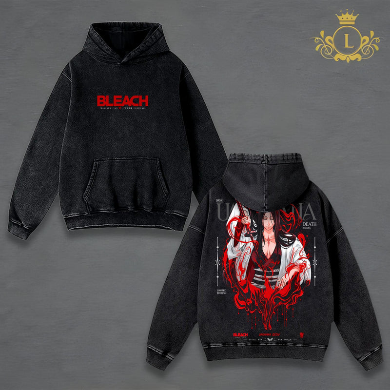 Unohana Retsu Bleach Vintage Washed T-Shirt Hoodie, Minazuki Bankai Anime Graphic, Blood Aura Death Sakura Art, Double-Sided Print, Heavyweight Oversized Unisex Streetwear