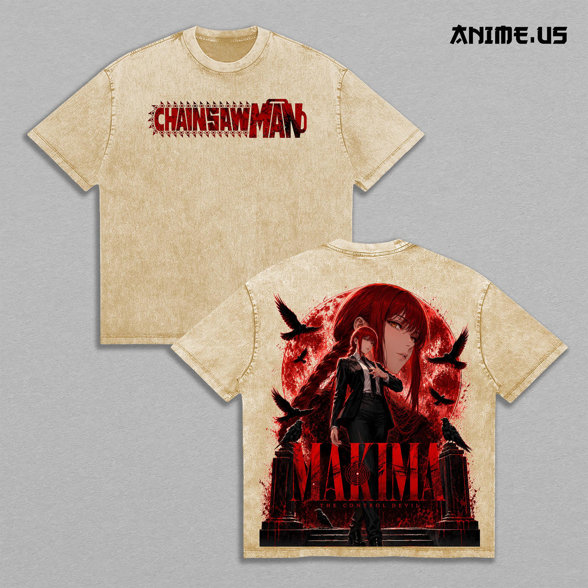 Makima Control Devil Chainsaw Man Anime Graphic Vintage Washed Oversized T-Shirt Red Dark Manga Art Heavyweight Cotton Streetwear Back Print Tee