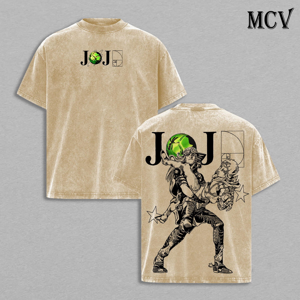 Johnny Joestar x Gyro Zeppeli – JoJo’s Bizarre Adventure Steel Ball Run Part 7 Anime Manga Spin Technique Western Race Graphic Double Printed Washed Tee, Menswear Heavy Cotton Unisex Oversize Streetwear Vintage