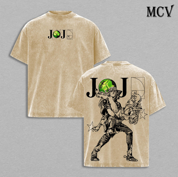 Johnny Joestar x Gyro Zeppeli – JoJo’s Bizarre Adventure Steel Ball Run Part 7 Anime Manga Spin Technique Western Race Graphic Double Printed Washed Tee, Menswear Heavy Cotton Unisex Oversize Streetwear Vintage