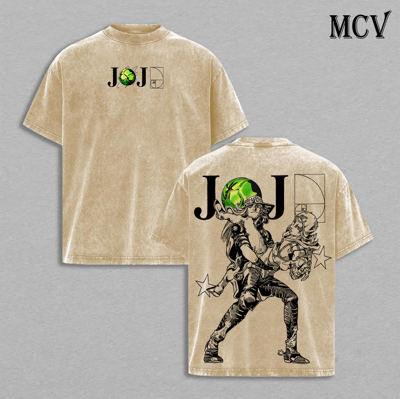 Johnny Joestar x Gyro Zeppeli – JoJo’s Bizarre Adventure Steel Ball Run Part 7 Anime Manga Spin Technique Western Race Graphic Double Printed Washed Tee, Menswear Heavy Cotton Unisex Oversize Streetwear Vintage