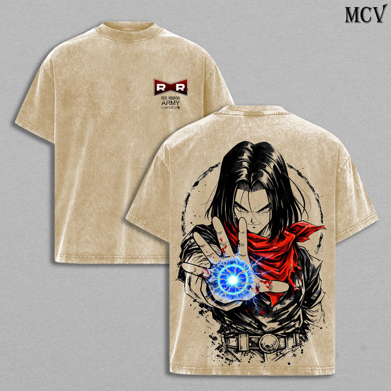 Android 17 Washed Tee – DBZZ Infinite Energy Anime Graphic Double Printed T-Shirt, Menswear Heavy Cotton Unisex Oversize Streetwear Vintage Fighter Edition