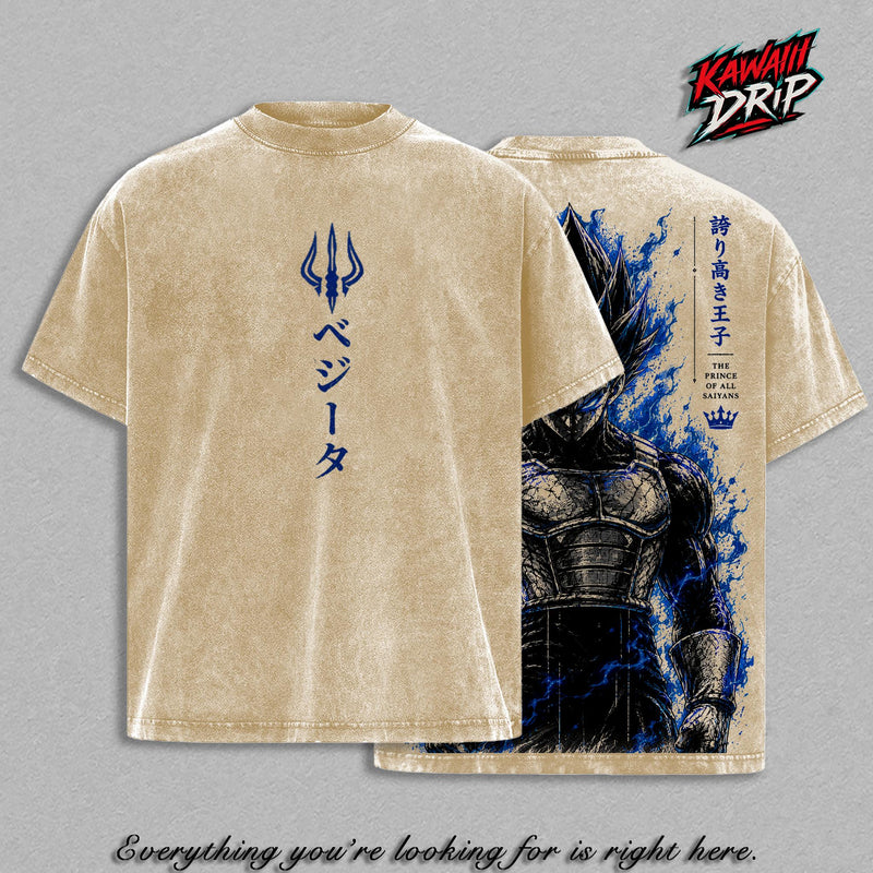 Prince of All ''Saiyans'' Graphic Tee Vintage Washed Shirt DBZ Anime Streetwear T-Shirt ''Saiyan'' Warrior Power Up Manga Tee Oversized Unisex Gift for DBZ Fans and Anime Lovers