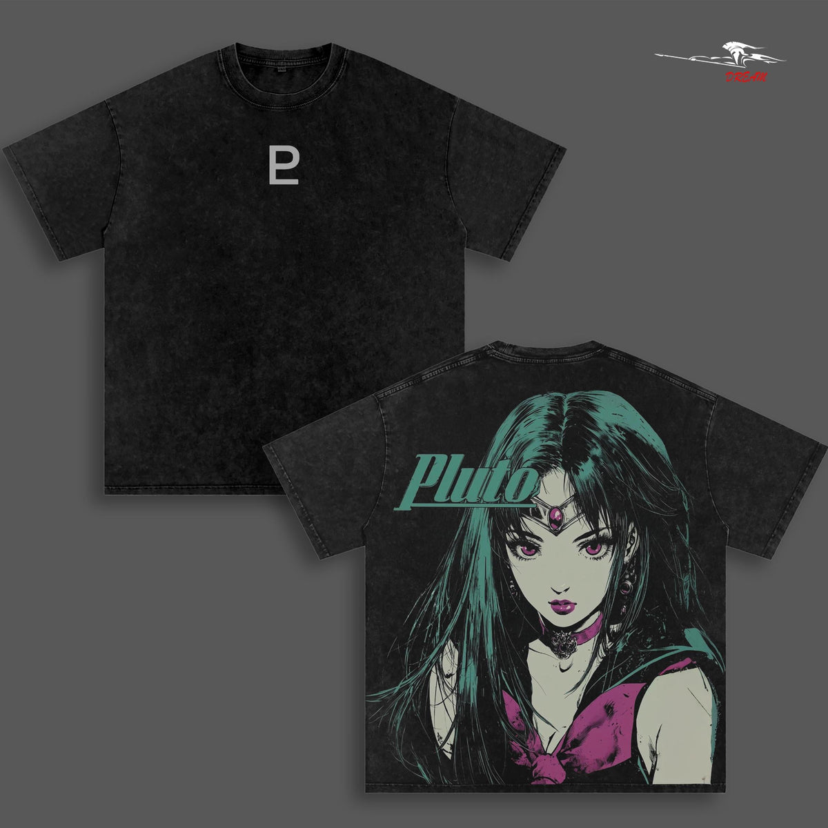Sailor Pluto Sailor Moon Anime Double Printed Vintage Washed Tee Unisex Oversize Anime Manga Washed Heavyweight Cotton T-shirt