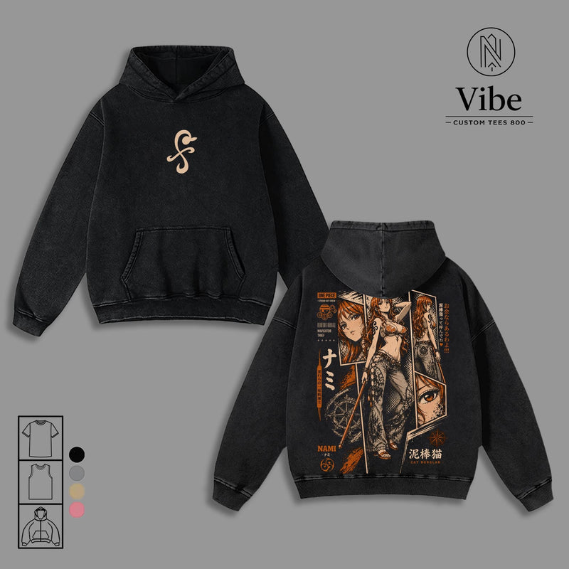 Nami 1 Piece Anime Double-Printed Vintage Washed Streetwear Tee, Tank Top, Sweatshirt, Hoodie - Unisex Oversize Seamless Ribbed Short-Sleeve Heavyweight Cotton Apparel, Gift for Anime Manga Fans