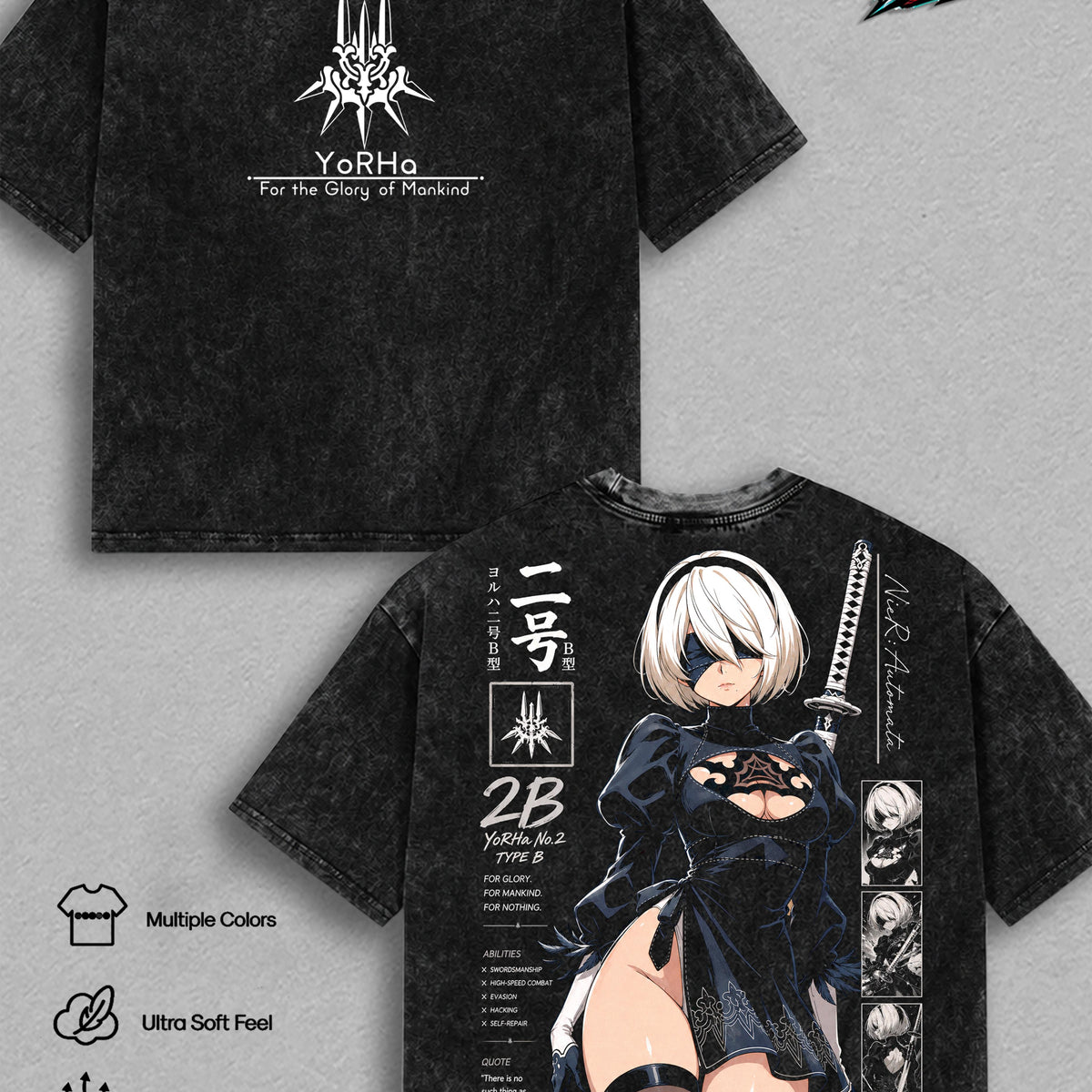 2B NieR Automata Vintage Washed T Shirt Anime Graphic Tee YoRHa No 2 Type B Oversized Japanese Streetwear Top Cotton Tshirt Classic Menswear Clothes Apparel Gift for NieR Fans Men & Women