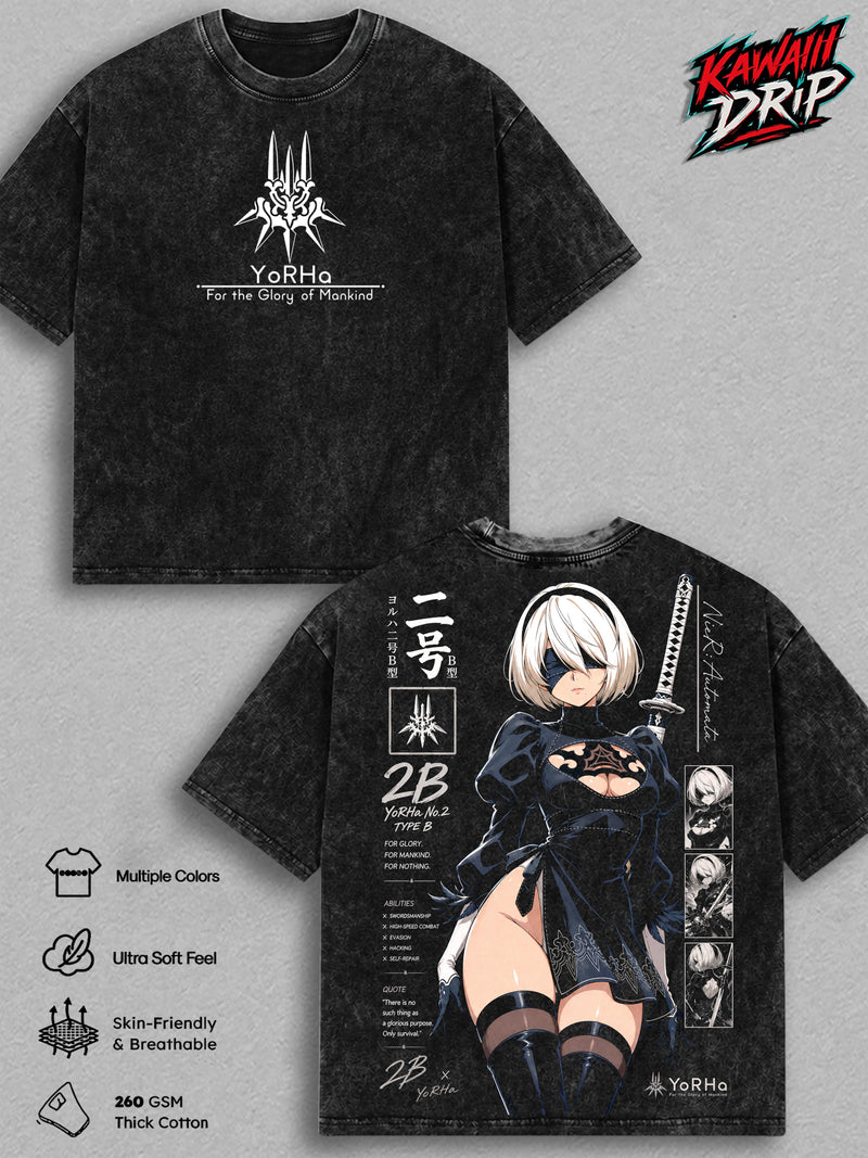 2B NieR Automata Vintage Washed T Shirt Anime Graphic Tee YoRHa No 2 Type B Oversized Japanese Streetwear Top Cotton Tshirt Classic Menswear Clothes Apparel Gift for NieR Fans Men & Women