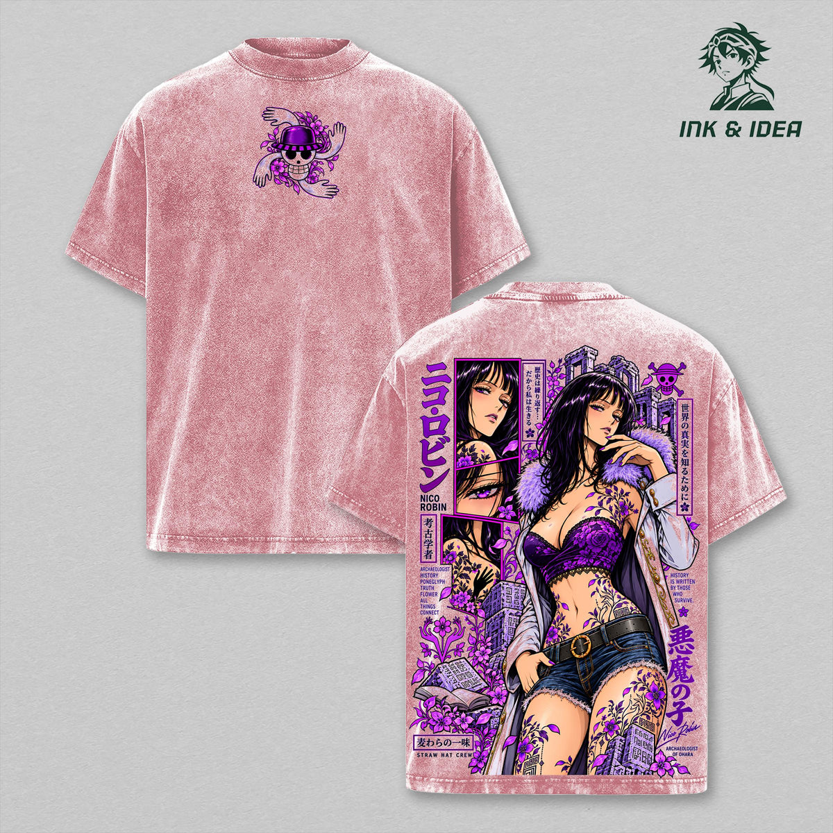 Nico Robin Devil Child One Piece Vintage Washed T-Shirt, Archaeologist Hana Hana Floral Double Sided Graphic Tee, Oversized Heavy Cotton Gym Streetwear, Unisex Straw Hat Fan Gift