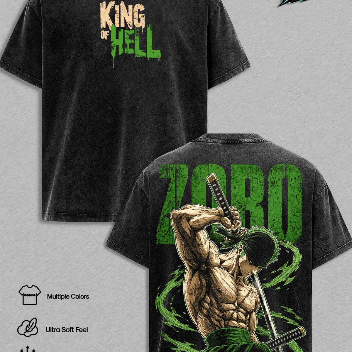 Roronoa Zoro One Piecee Vintage Washed Graphic T Shirt - King of Hell Heavyweight 260 GSM Cotton Tee, Oversized Anime Streetwear Shirt, Gift for One Piecee Fans Men Women