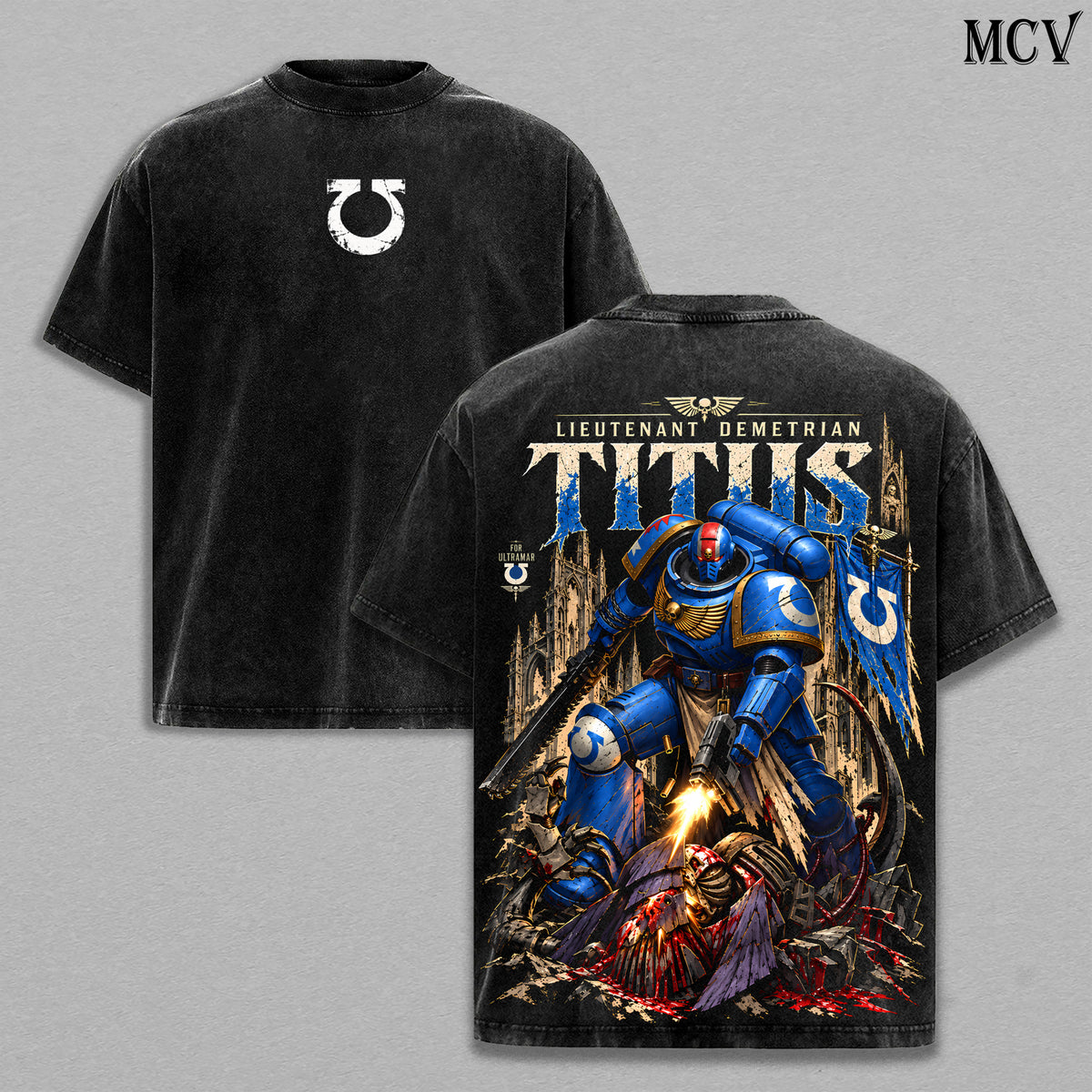 Lieutenant Demetrian Titus Warhammer 40K Vintage Washed Oversized Hoodie, T-Shirt & Sweatshirt, Double-Sided Space Marine 2 Ultramarines Graphic Apparel, Blue Power Armor Battle Design, Grimdark Sci-Fi Gaming Streetwear, Unisex Warhammer Fan Gift