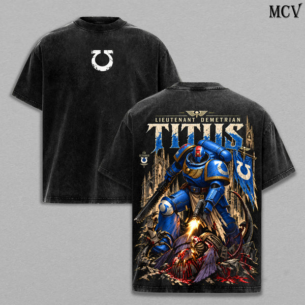 Lieutenant Demetrian Titus Warhammer 40K Vintage Washed Oversized Hoodie, T-Shirt & Sweatshirt, Double-Sided Space Marine 2 Ultramarines Graphic Apparel, Blue Power Armor Battle Design, Grimdark Sci-Fi Gaming Streetwear, Unisex Warhammer Fan Gift
