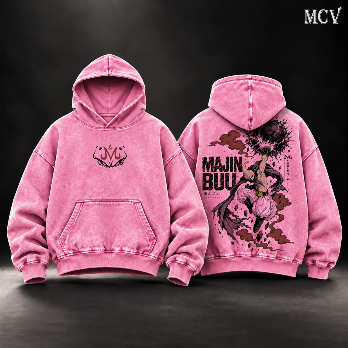 Majin Buu Dragon Ball Z Vintage Washed Oversized Hoodie, Double-Sided Kid Buu Anime Graphic Pullover, Pure Chaos Destruction Artwork, Retro 90s Y2K Streetwear, Unisex DBZ Fan Gift