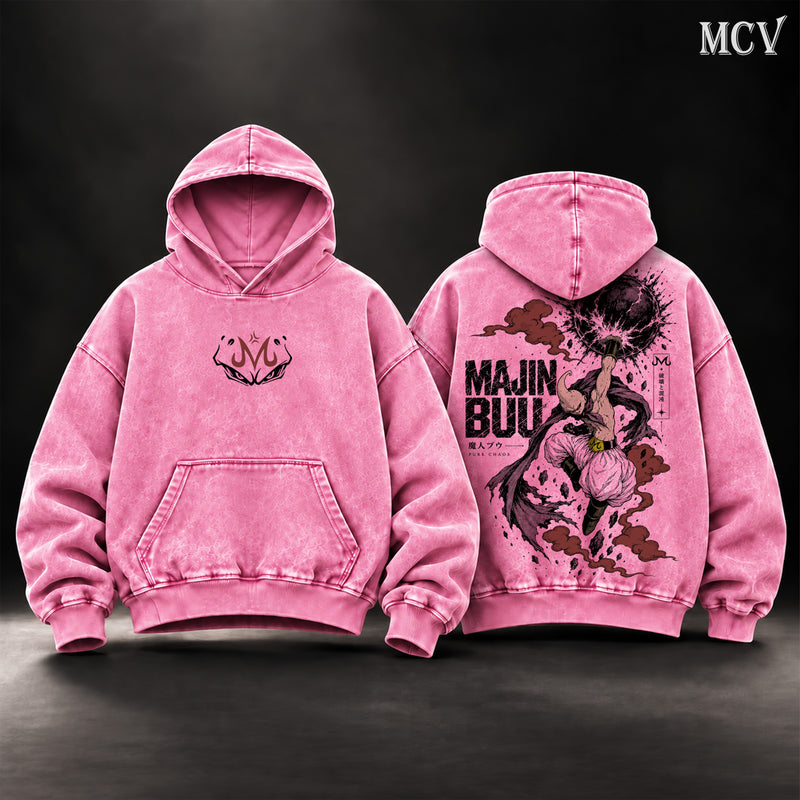 Majin Buu Dragon Ball Z Vintage Washed Oversized Hoodie, Double-Sided Kid Buu Anime Graphic Pullover, Pure Chaos Destruction Artwork, Retro 90s Y2K Streetwear, Unisex DBZ Fan Gift