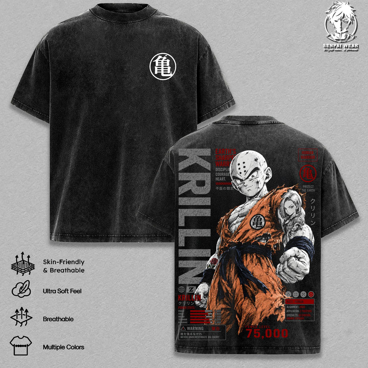 Krillin – DBZ Graphic Tee Vintage Washed Shirt Unisex Streetwear Anime Merch, Z Fighter Tee Turtle School T-Shirt, Gift for Anime Lovers Fans