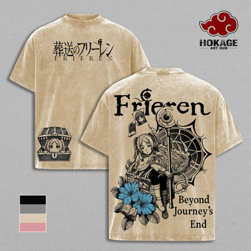 Frieren Washed Tee, Beyond Journey's End Anime Graphic Tee, Oversized Y2K Bootleg Vintage Washed Shirt, Heavyweight Streetwear For Men, Japanese Retro Manga Unisex Streetwear, Gift For Anime Lovers And Frieren Fans