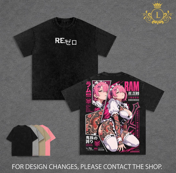 Limited Ram Re Zero Vintage Washed T Shirt, Anime Maid Graphic Tee, Ram Tattoo Anime Shirt, Oversized Heavyweight Cotton Streetwear, Dark Fantasy Anime Apparel, Double Printed Unisex Tee, Gift for Re Zero Fans
