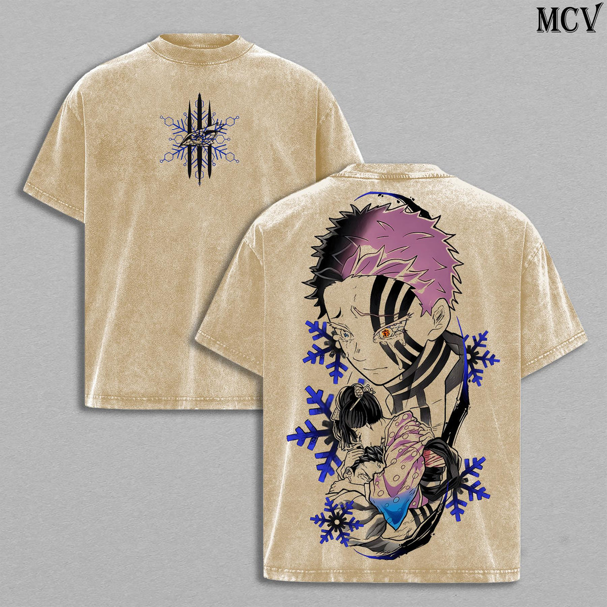 Akaza vs Koyuki Oversized Washed T-Shirt – Demon Slayer Kimetsu no Yaiba Vintage Heavy Cotton Unisex Tee Anime Manga Streetwear Retro Graphic Top Otaku Merch Gift for Fans MCV