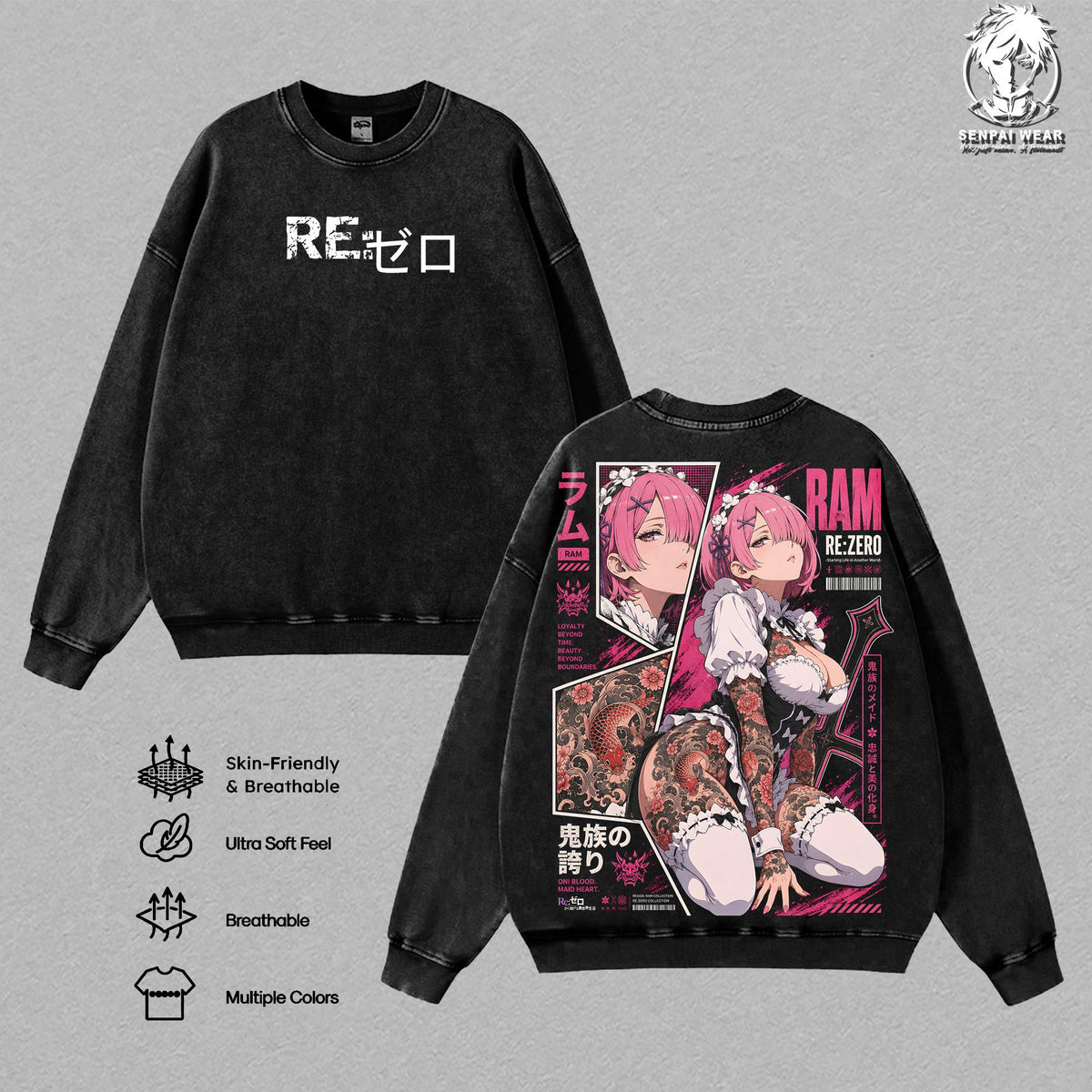 Ram Re:Zero Graphic Tee Vintage Washed Shirt Unisex Streetwear Anime Merch Wind Magic Tee Oni Maid T-Shirt Gift for Anime Lovers Re:Zero Fans