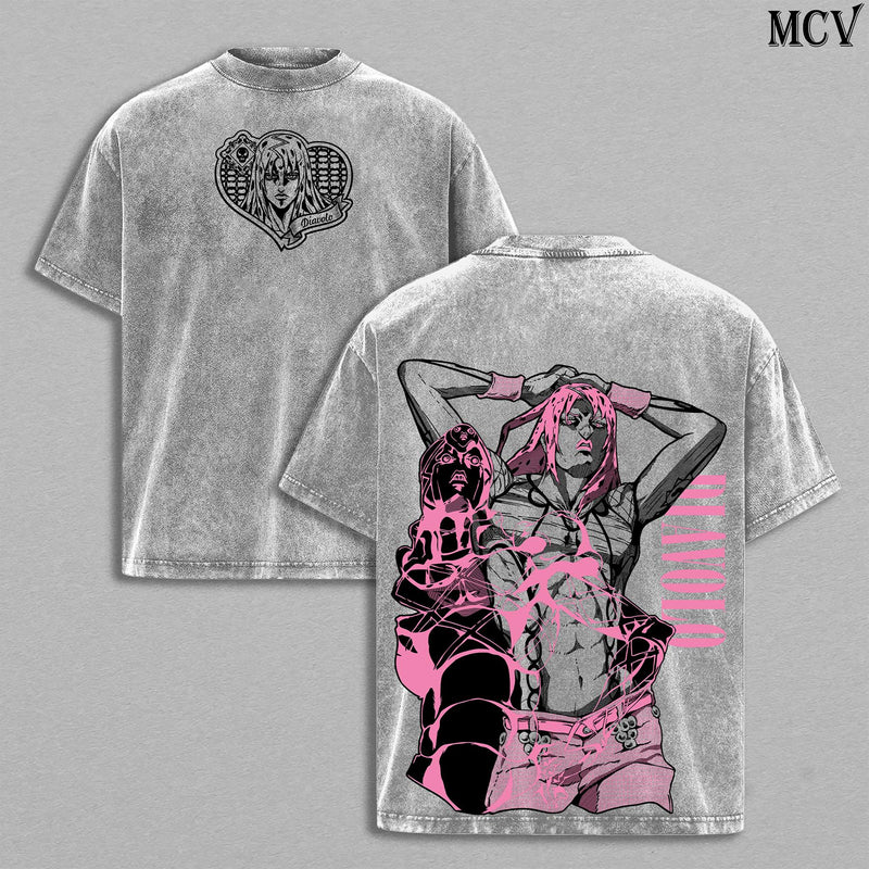 Diavolo Washed T-Shirt – JoJo’s Bizarre Adventure Golden Wind King Crimson Stand Time Erase Anime Manga Graphic Double Printed Tee, Menswear Heavy Cotton Unisex Oversize Streetwear