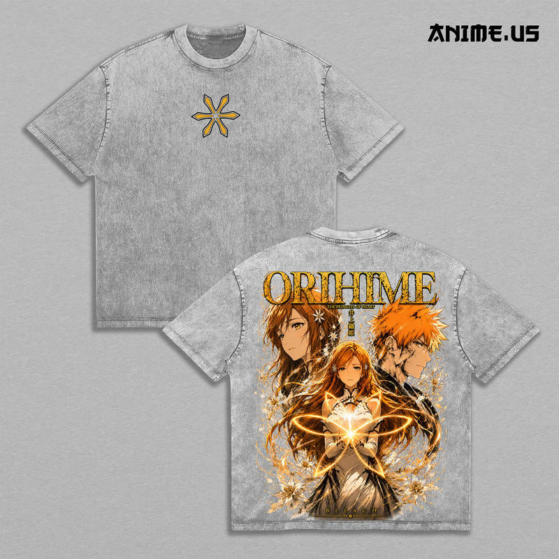 Orihime Inoue Princess of Heart Bleach Anime Graphic Tee Soul Reaper Manga Vintage Washed Oversized Streetwear Heavyweight Cotton Floral Back Print Shirt