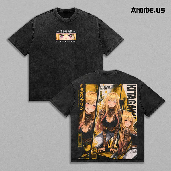 Marin Kitagawa My Dress-Up Darling Stylish Cosplay Girl Vintage Acid Wash Anime Graphic Tee, Blonde Waifu Fashion Muse Large Back Print Unisex Cotton Streetwear