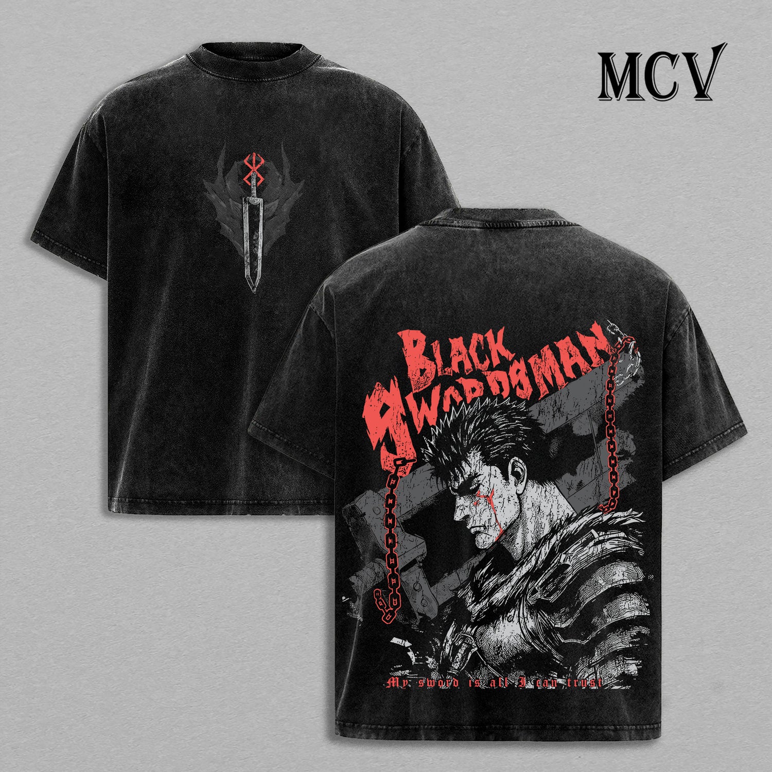 Guts Berserk T-Shirt, Black Swordsman Anime Tee, Dark Warrior Graphic Vintage Washed Tee