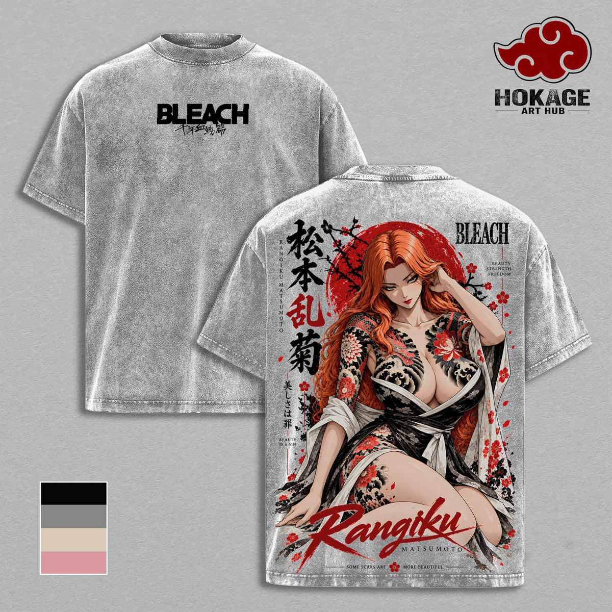 Rangiku Bleach T-Shirt, Rangiku Matsumoto Anime Graphic Tee, Japanese Irezumi Tattoo Art, Vintage Washed Heavy Cotton Unisex Oversized Streetwear Top