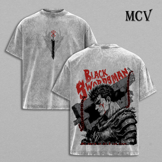 Guts Berserk T-Shirt, Black Swordsman Anime Tee, Dark Warrior Graphic Vintage Washed Tee