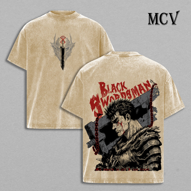 Guts Berserk T-Shirt, Black Swordsman Anime Tee, Dark Warrior Graphic Vintage Washed Tee