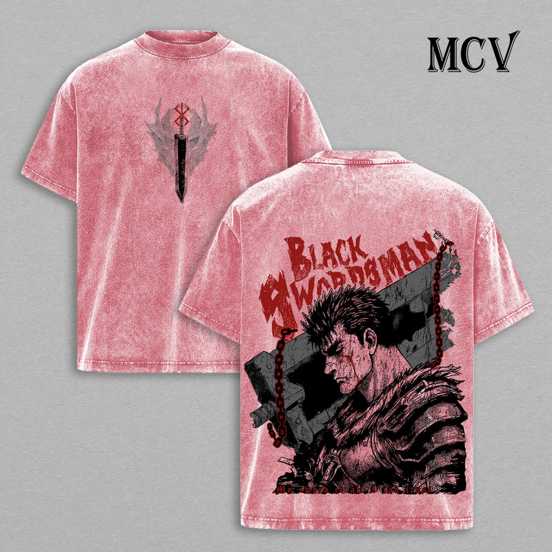 Guts Berserk T-Shirt, Black Swordsman Anime Tee, Dark Warrior Graphic Vintage Washed Tee