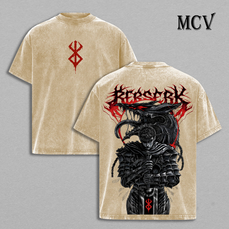 Guts T-Shirt Berserk Anime Tee, Black Swordsman Vintage Washed Graphic Tee