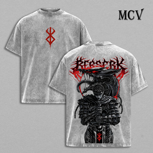 Guts T-Shirt Berserk Anime Tee, Black Swordsman Vintage Washed Graphic Tee