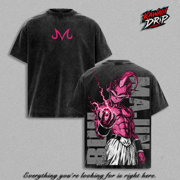 Majin Buu DBZ Vintage Washed Anime T-Shirt Majin Form Villain Graphic Tee Oversized Heavyweight Cotton Shirt Unisex Manga Streetwear Top Gift for DBZ Fans