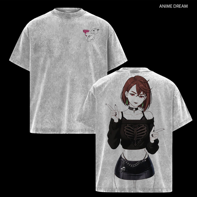 Dandadan Momo Ayase Anime Double Printed Vintage Washed Tee Unisex Oversize Heavyweight Cotton T-shirt for Anime Fans and Lovers