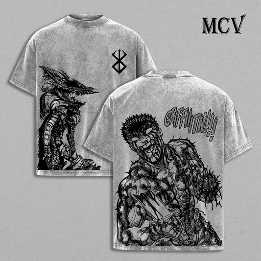 Guts Berserk Vintage Washed T-Shirt, Black Swordsman Graphic Tee, Dragon Slayer Dark Anime Streetwear Shirt (Copy)