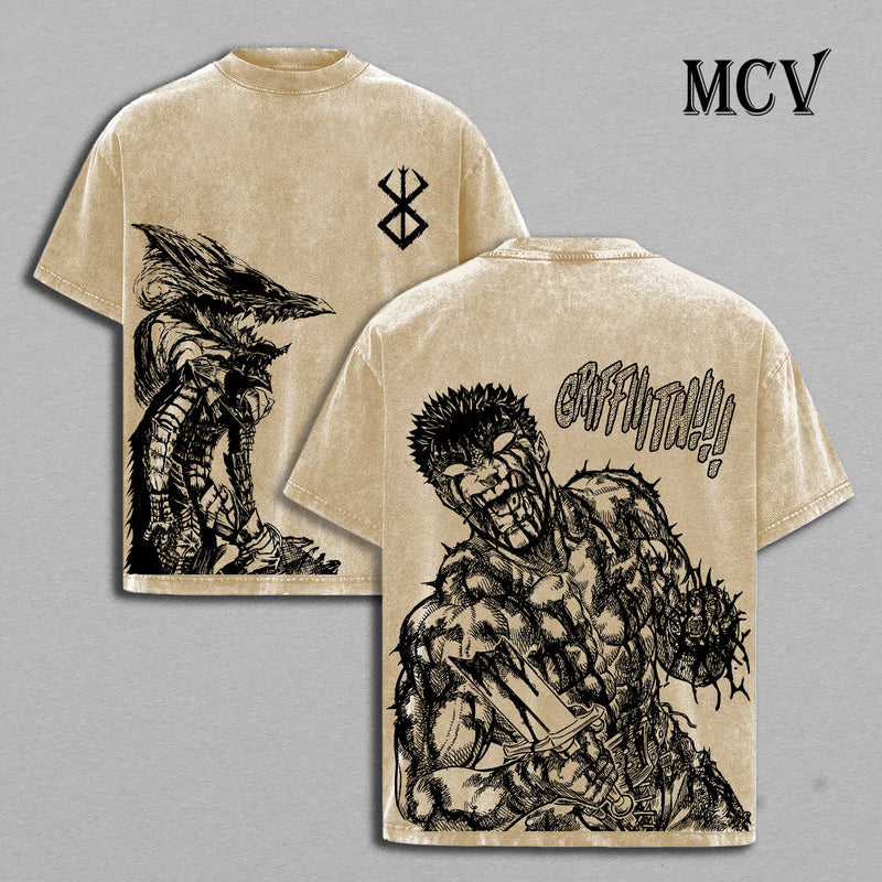 Guts Berserk Vintage Washed T-Shirt, Black Swordsman Graphic Tee, Dragon Slayer Dark Anime Streetwear Shirt (Copy)