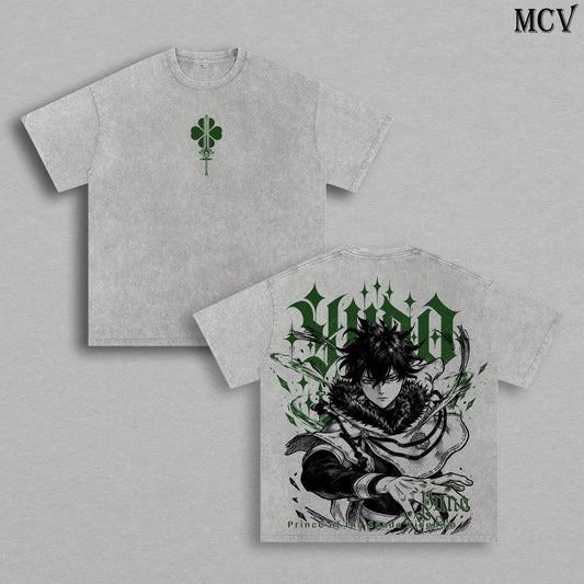Yuno Black Clover Vintage Washed Oversized T-Shirt, Double-Sided Anime Graphic Tee, Prince of the Spade Kingdom Design, Green Four Leaf Clover Emblem, Retro 90s Y2K Streetwear, Unisex Black Clover Fan Gift