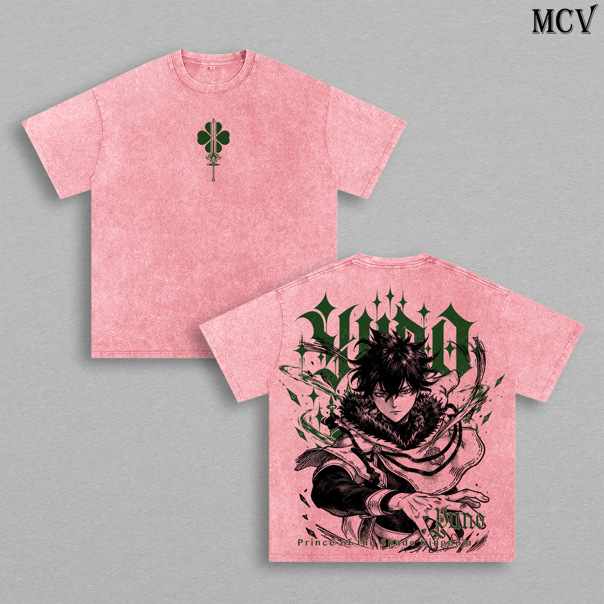 Yuno Black Clover Vintage Washed Oversized T-Shirt, Double-Sided Anime Graphic Tee, Prince of the Spade Kingdom Design, Green Four Leaf Clover Emblem, Retro 90s Y2K Streetwear, Unisex Black Clover Fan Gift